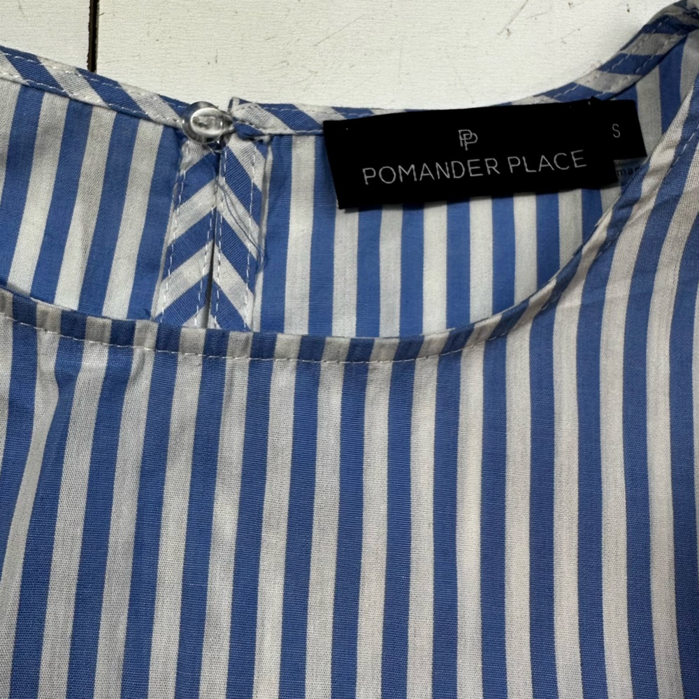 Pomander Place Tuckernuck Blue & White Striped Poplin Lightweight Ruffle Top S - Picture 9 of 14